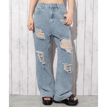 ダメージ加工デニムぷっくりハートタグおまけ付き♡No.988 ダメージ加工ストレートデニムパンツ[品番：TAXW0009768]｜TAXI