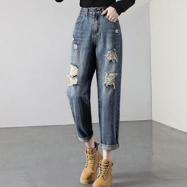 ミドルウエストサイドリップドスキニーデニムパンツ（デニム