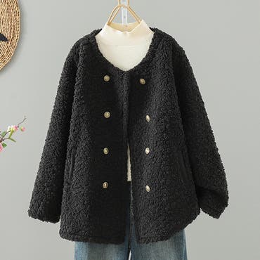 韓国ファッション清潔感あふれる！ダブルボタンボアコート[品番