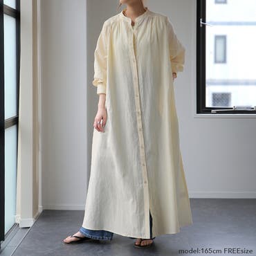 シャツワンピース ロング バンドカラー5分袖シャツワンピース