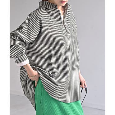 【ts16702】透け感がオシャレでセクシー♪縦ストライプ模様ノーカラー長袖ブラウス 透け感がオシャレでセクシー♪縦ストライプ模様ノーカラー長袖