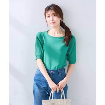 レディース ショート丈 ポリエステル ニットTシャツ 夏[品番