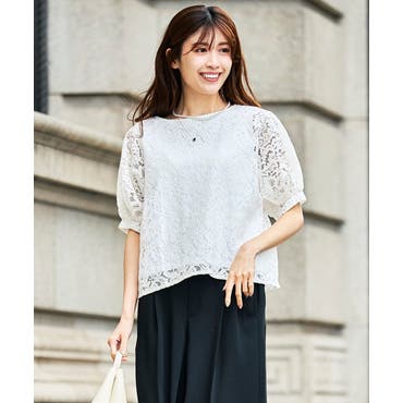 花柄総レース七分袖トップス 田中亜希子さん着用(ブラウス スカラップ