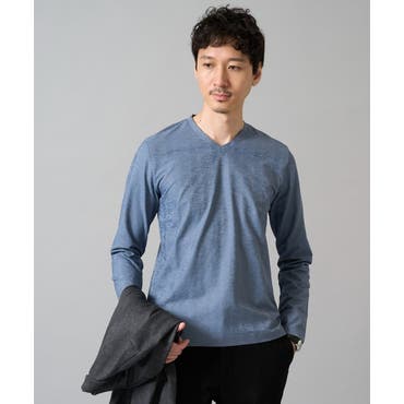 シェラック/SHELLAC 墨流し総柄Vネック長袖ロングTシャツ[品番