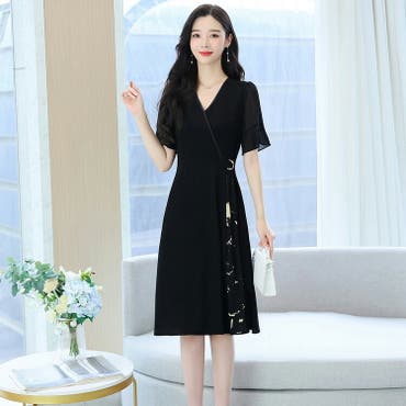 Aラインワンピース 黒 半袖[品番：JSFW0013950]｜JS FASHION
