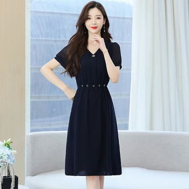 Aラインワンピース 黒 半袖[品番：JSFW0013950]｜JS FASHION