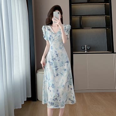 シフォン 小花柄 パフ袖 フィッシュテール ロング ワンピース 小花柄 ワンピース シフォン[品番：JSFW0010655]｜JS FASHION