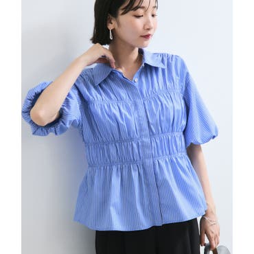 【n'OrLABEL】ふんわりストライプデザインブラウス〈ブルーストライプ〉 n'OrLABELふんわりストライプデザインブラウス[品番