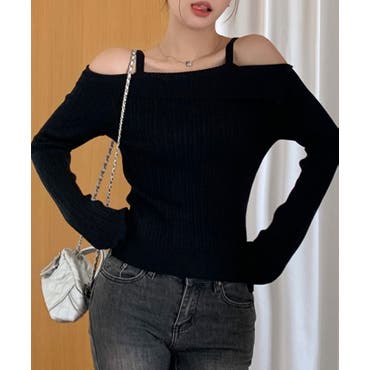 machatt オフショルダーリブニット ブラック black トップス