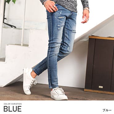 ダメージストレッチデニム スキニージーンズ クラッシュデニム インディゴブルーL セール】ストレッチスキニーパンツ デニム & クラッシュ