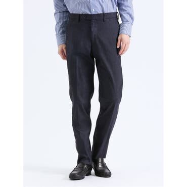 クロスストレッチ スリムフィット ノータックスラックス ヘリンボン紺