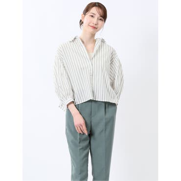 【ts16702】透け感がオシャレでセクシー♪縦ストライプ模様ノーカラー長袖ブラウス 透け感がオシャレでセクシー♪縦ストライプ模様ノーカラー長袖