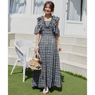 Rmine】バックリボンVフリルチェックロングワンピース[品番