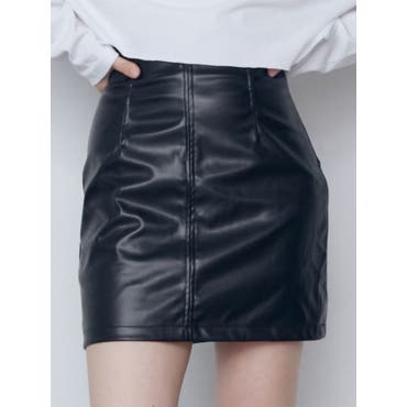 フェイクレザースカート膝丈バックスリット[品番：AGCW0003322