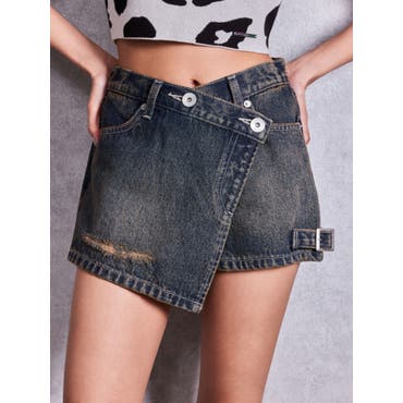 サスペンダー付きハイウエストデニムショートパンツ[品番：TAXW0001380