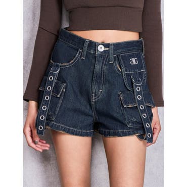 サスペンダー付きハイウエストデニムショートパンツ[品番：TAXW0001380