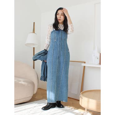 デニムロングワンピース ハイウエストロングデニムキャミワンピース