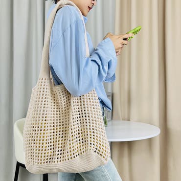 編み物トートバッグ ベージュ 編みニットトートバッグ | Bagoodtimeshop
