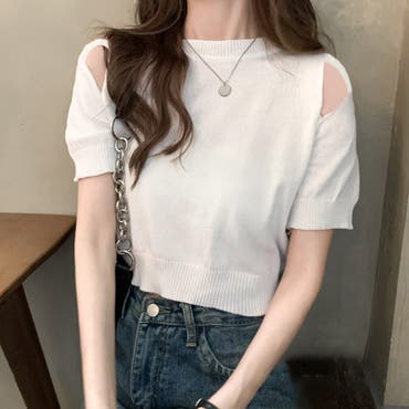 セール】ショート丈メッシュニットトップス（Tシャツ/カットソー