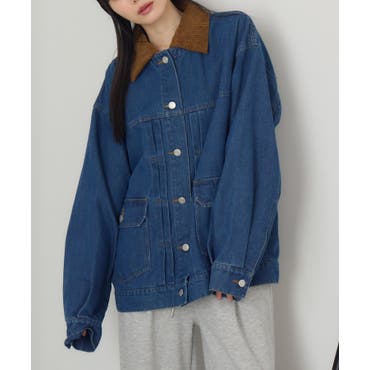 裾フリルパールボタンノーカラーデニムジャケット デニム