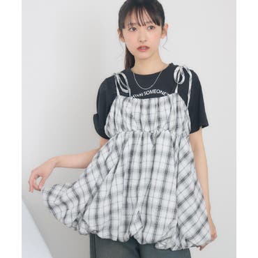 パールボタンパフスリーブチェックミニワンピース[品番