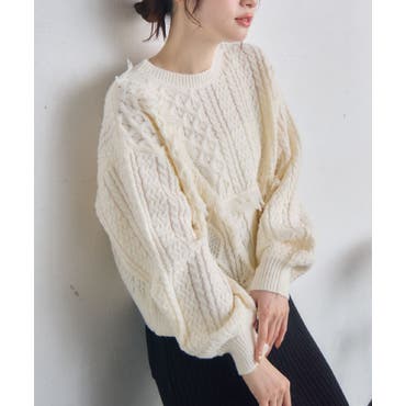 【アメリカ古着❗️】美品！ケーブル編み　肩出しニットセーター白ローゲージ立体編み 豊富なカラーバリエーション ケーブル編みニット[品番：ADEW0004189