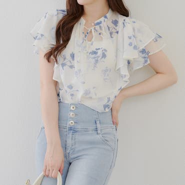 美品＊シルク100% blue girlフリル花柄 半袖ブラウスピンク