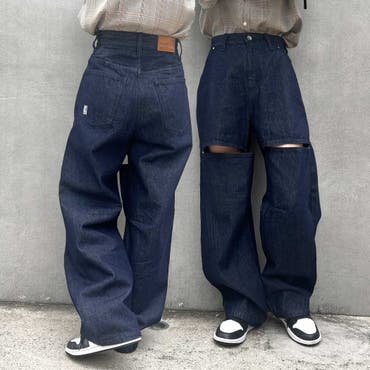 リメイク風ペイントサルエルデニムイージーパンツ【M】【L】【LL】【3L