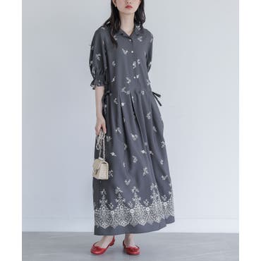 花柄ワンピシフォン ポケット付き パフスリーブ[品番