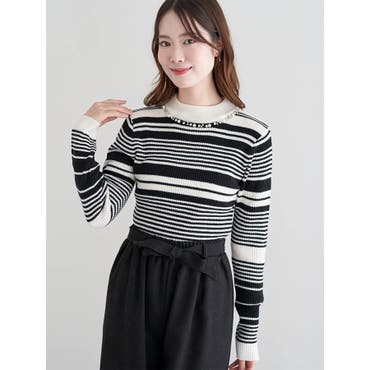 大きいサイズ】パネルボーダー配色ラインニット[品番：ITKW0023612