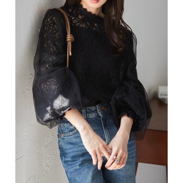 フラワージャガードスリットハイネックブラウス[品番：AMTW0010367