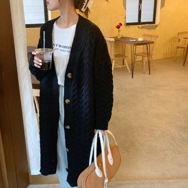 ニットカーディガン 秋服 ロングカーディガン ケーブル編みニット