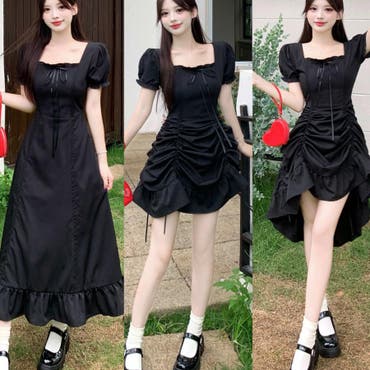 スクエアネック半袖パフスリーブひざ丈ワンピース 韓国ファッション