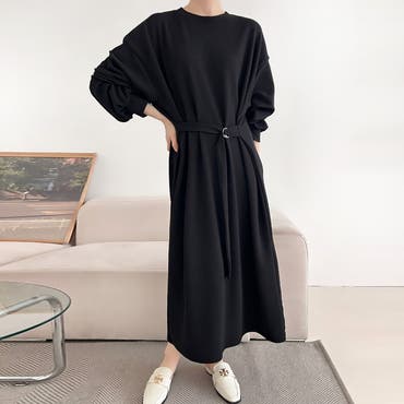 Aラインワンピース レディース 長袖 黒[品番：AGCW0003210]｜SUNSHINE