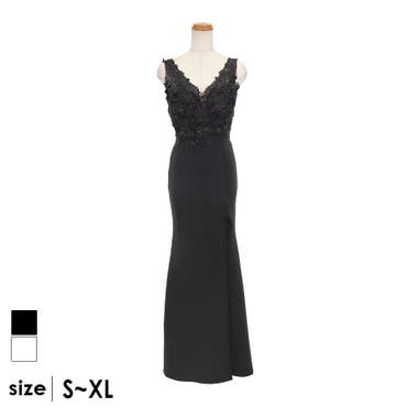 ビジュー刺繍チュール袖ロングドレス レース チュール[品番