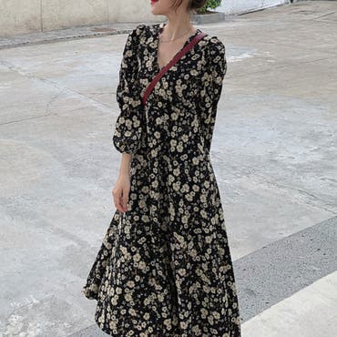 モノトーン花柄カシュクールワンピース[品番：MJNW0000868]｜me Jane