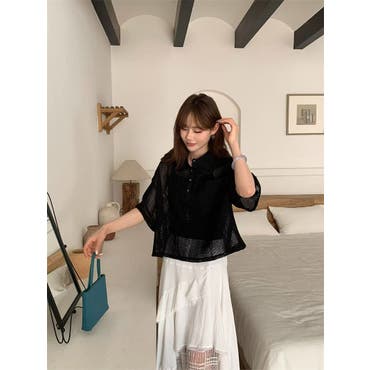 長袖 シフォン ブラウス Yシャツ シースルー[品番：MG000001786