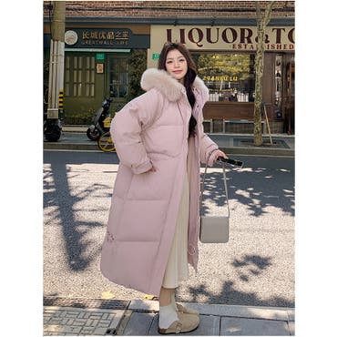 ファーのポンポンがポイント♪リアルラクーンファー中綿ダウンロング