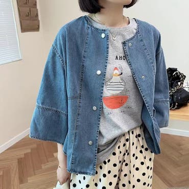 裾フリルパールボタンノーカラーデニムジャケット デニムジャケット