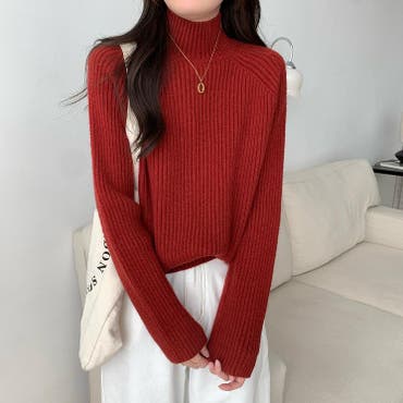 ハーフジップクロップド丈ニットプルオーバー 秋 冬[品番