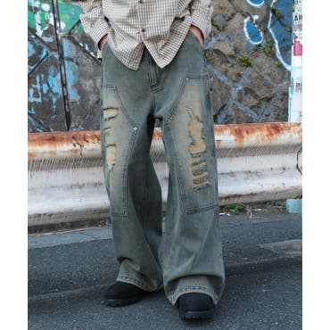 ダメージ フェイクレイヤード デニムロングパンツ[品番