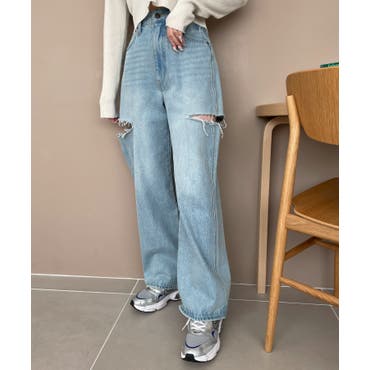 SIDE RIPPEDストレートワイドデニムパンツ[品番：MKSW0059880