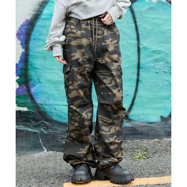 迷彩柄アシメポケット カーゴパラシュートパンツ カーゴパンツ