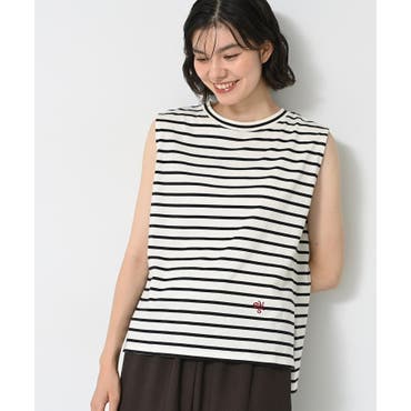 【β / ベータ】 オーバーサイズ / ボーダー ノースリーブ カットソー 9 ニット トップス ノースリーブ Vネック 肩スリット ボタン レディース