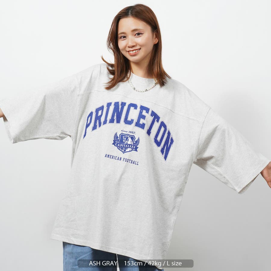 春新作の ◇カレッジプリント フットボールTシャツ◇ オーバーサイズ[品番 トップス