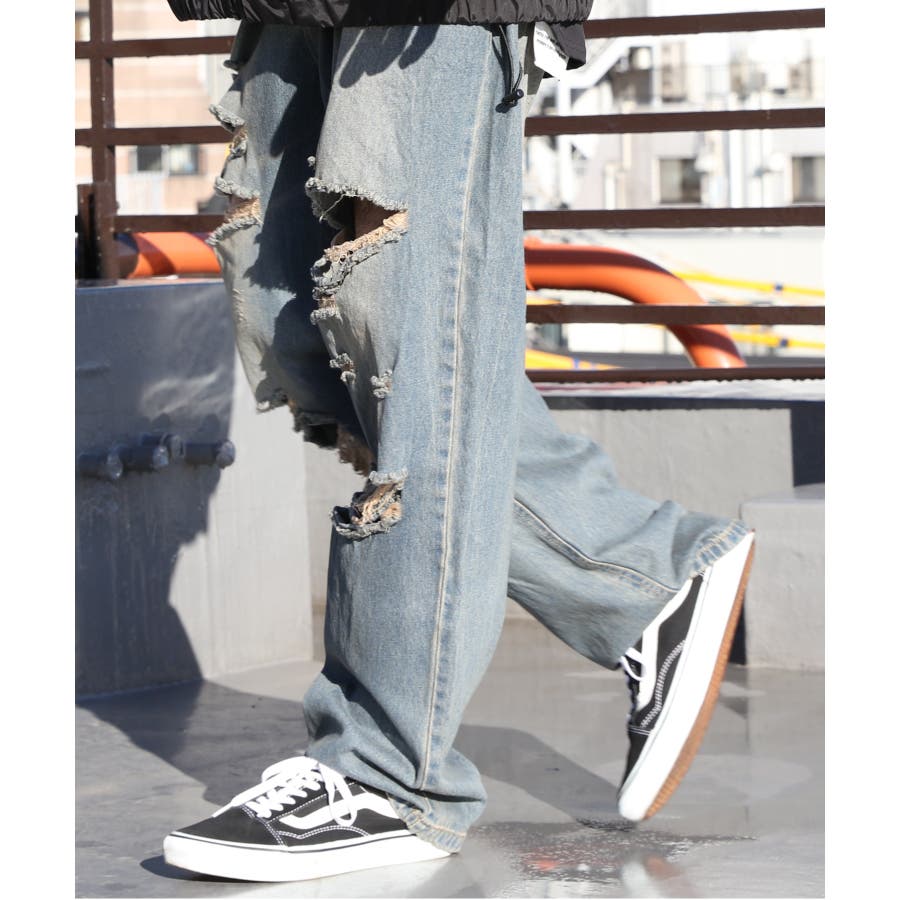 ダメージデニム メンズ ジーンズ デニム ワイド クラッシュ [品番