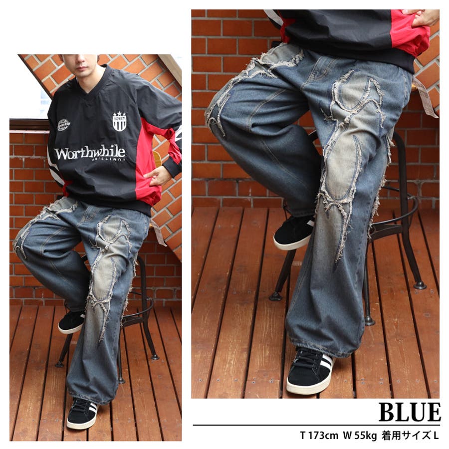 カットオフ バギーデニムパンツ メンズ デニム ジーンズ ワイド [品番