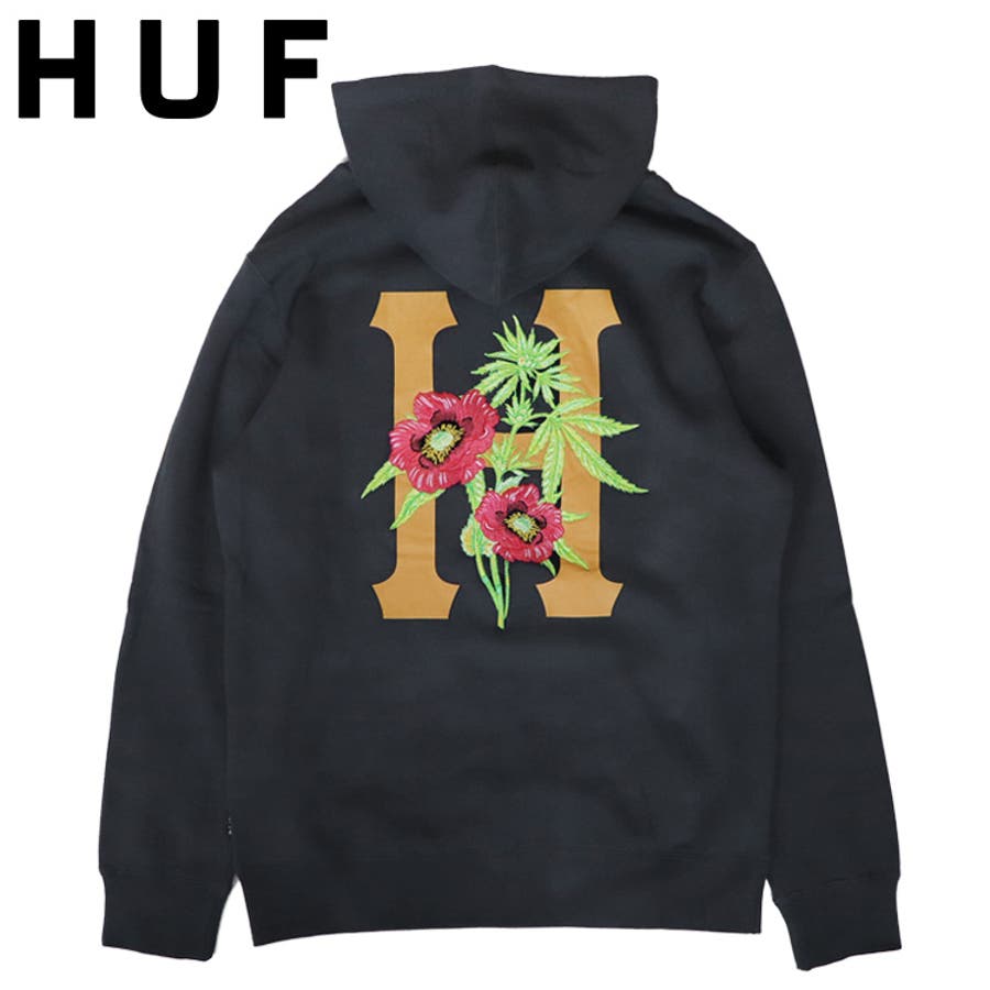 HUF　スウェットパーカー　L　ブラック　センターロゴ刺繍　ピスネーム