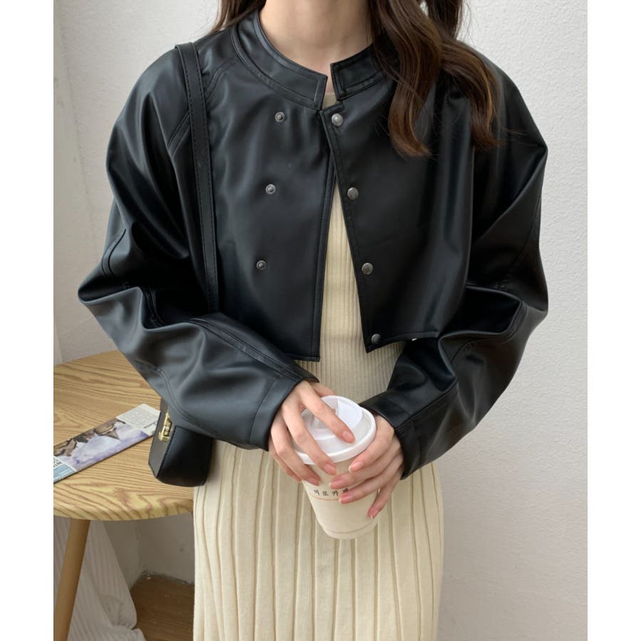 フェイクレザーショート丈ノーカラージャケット[品番