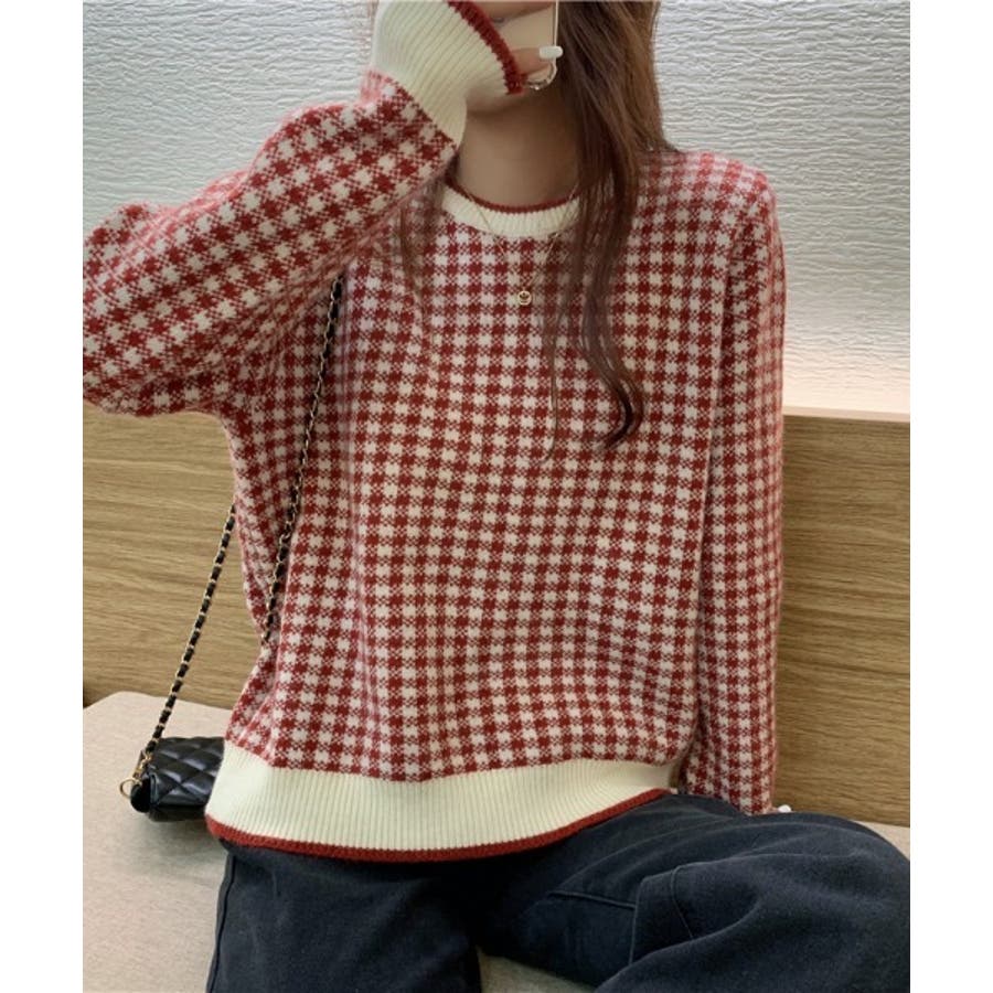 配色千鳥柄ニットプルオーバー[品番：ABIW0000702]｜ABITOKYO （アビ